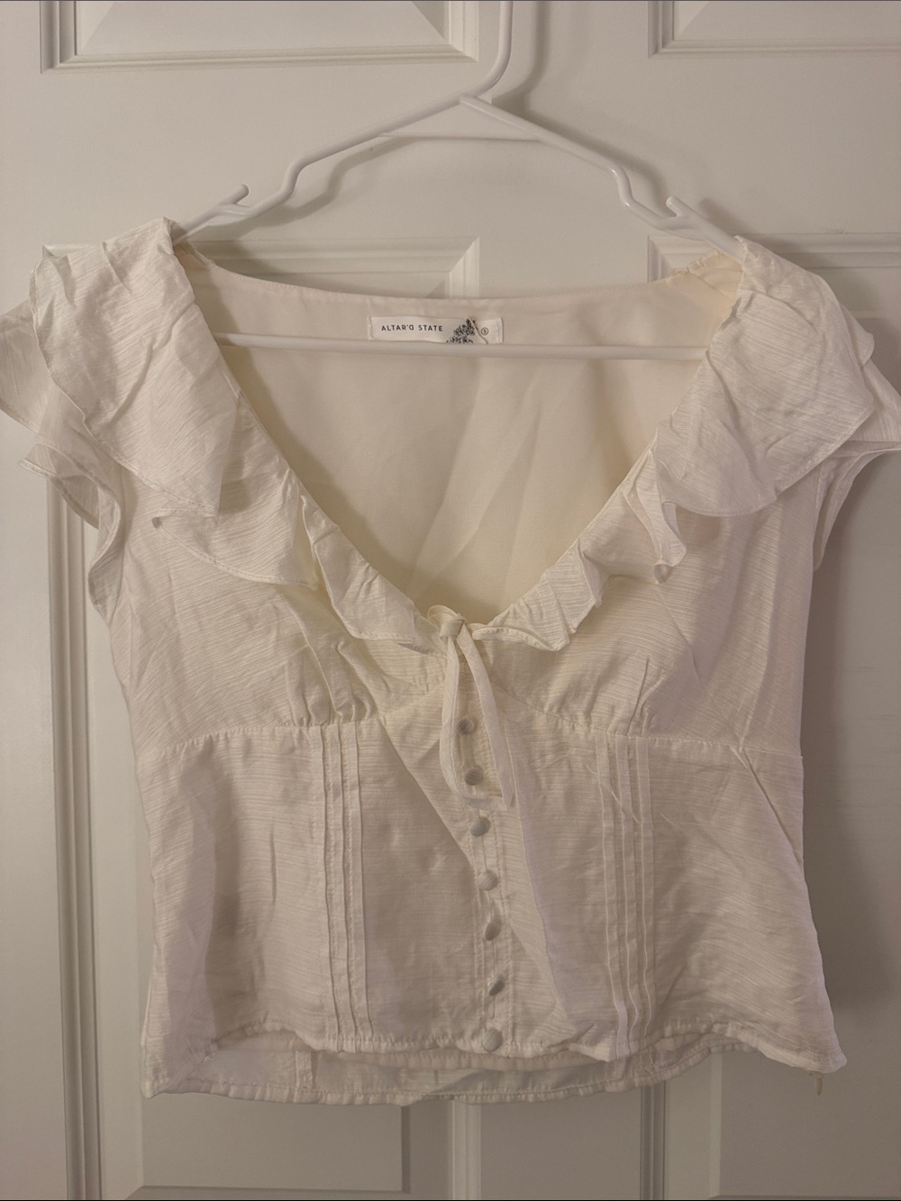 Altar'd State Cream Ruffle V-Neck Button Front Blouse